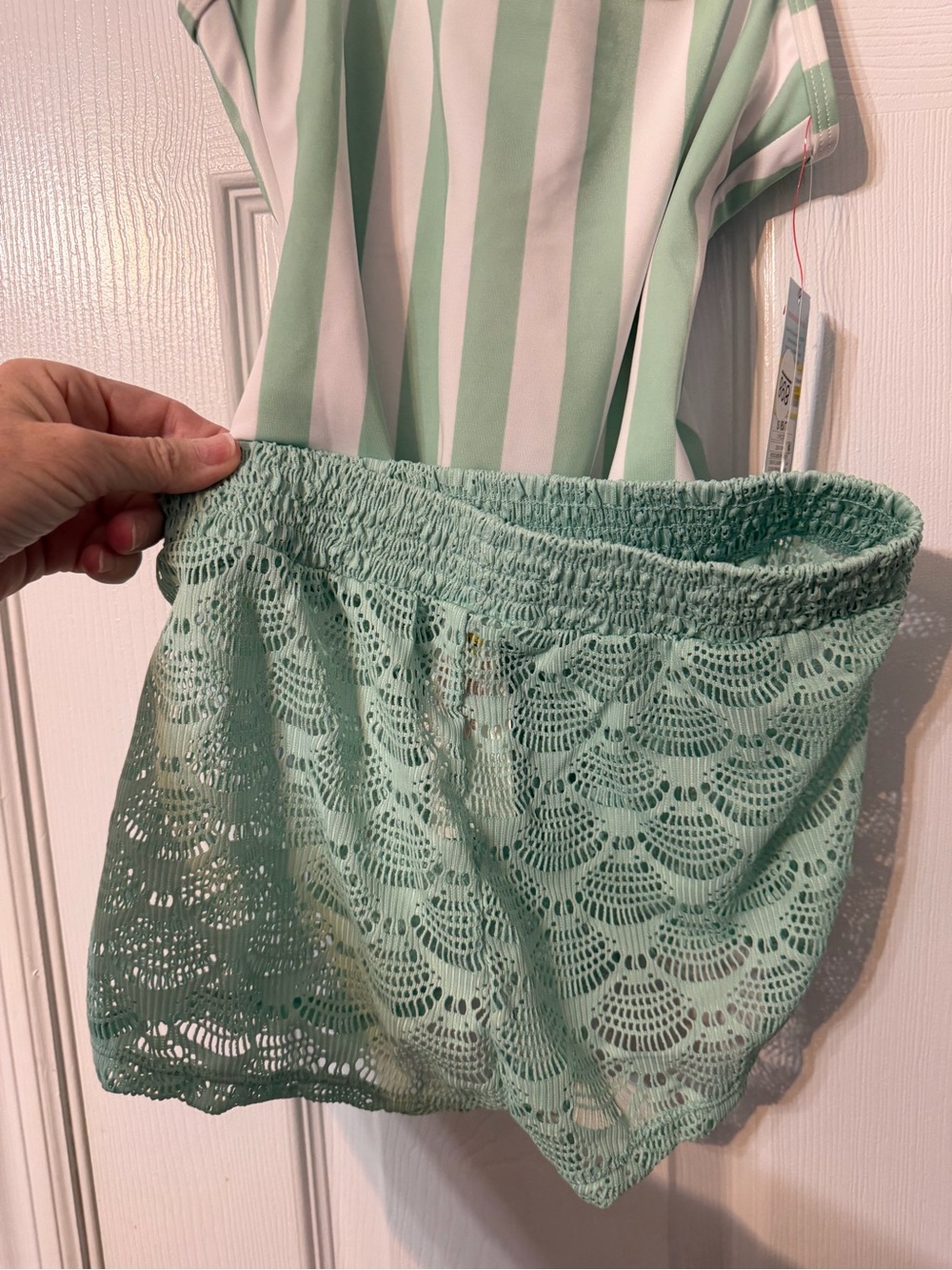 Cat & Jack Mint Green and White Striped Swimsuit with Lemon Accent with shorts - Picture 4 of 8